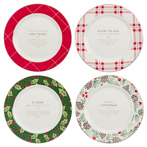 Christian Art Gifts Decorative 9" Ceramic Christmas Dinner Plate Set with Inspirational Advent Scripture: White/Red/Green Holly, Pine & Giftwrap Theme Designs, Gold Accents, Sturdy Dinnerware, 4 Pack