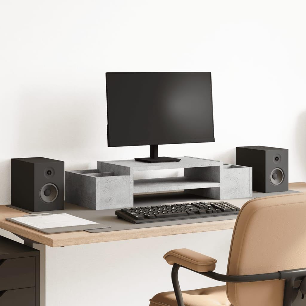 Monitorständer mit Stauraum Betongrau Holzwerkstoff 70x27x15 cm freistehend mit 4 Fächern für Büro Arbeitsplatz Homeoffice Ergonomie Ablage Organizer