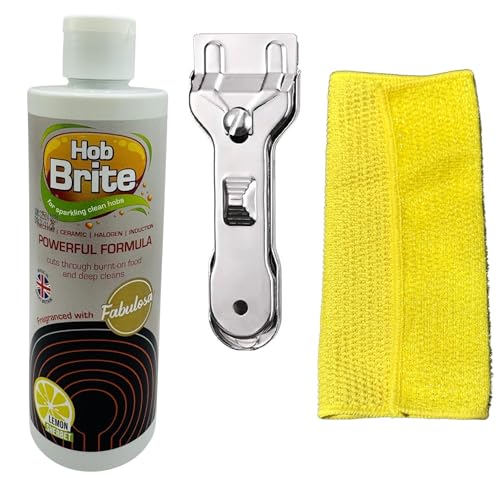UKDD® Hob Brite Original Ceramic, Electric, Halogen and Induction Hob Cream Cleaner 250ml with Dual sided micro fiber cloth & Heavy Duty Cleaninig Tool