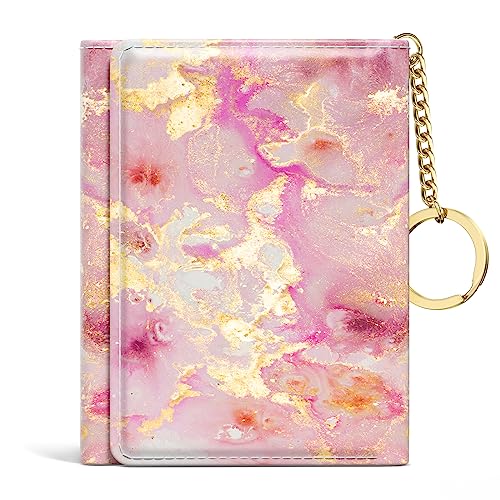 Image of Rouidr Womens Wallet, Small Slim RFID Card Wallets for Women, Cute Front Pocket Trifold Leather Card Organizer with 7 Slots & ID Window, Gold Pink Marble
