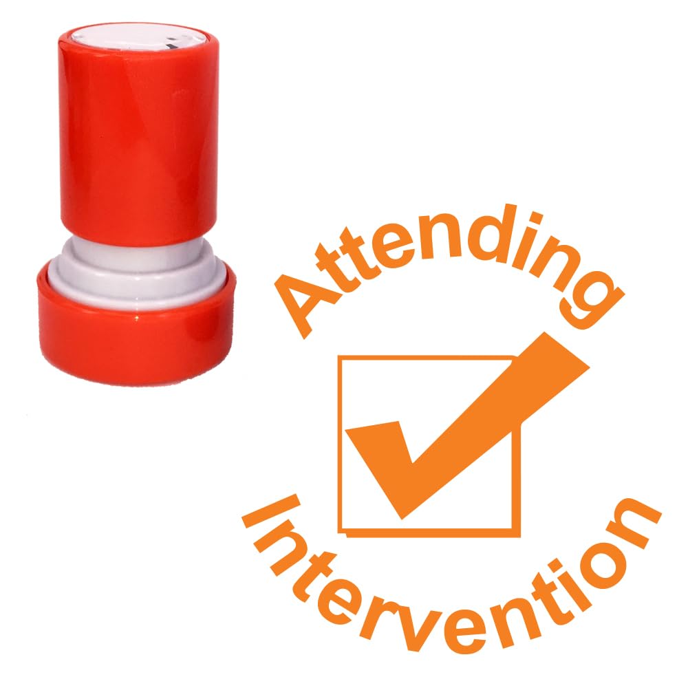 Attending Intervention Teacher Stamp. Self-Inking, 22mm, Reinkable, Quality Stamper for Marking and Feedback. Orange Ink