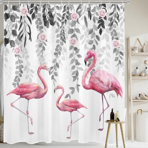 Lb YL30049-180-D Pink Flamingo Shower Curtain Grey Leaf Pink Rose Floral Shower Curtains For Bathroom Tropical Bird Shower Curtain Set Waterproof Washable Fabric thumb #2