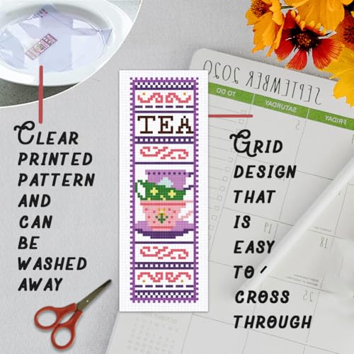 Image of BEUNITONE 6 Pcs Cross Stitch Bookmark Kit for Beginner Coffee and Sweet Time Theme Hand Embroidery Kit with Instruction Tea Stamped Embroidery Bookmarks Handmade for DIY Crafts Book Lovers 8.5''x3''