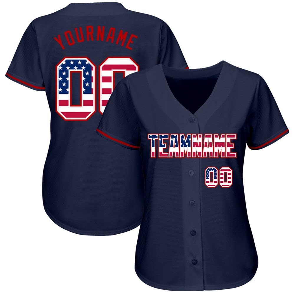 Generic Custom Baseball Jersey, Printed Stitched Personalized Name Number, Navy USA Flag Red Baseball Shirt Men Women Youth