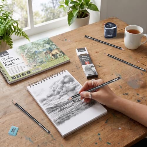 Image of BRUSTRO Artist's Graphite Pencil Set of 5,Pre-Sharpened,Break-resistant With Studio Drawing Book,Blank 80 Pages, Wiro Bound, A5(5.8x8.3 inches), 140 GSM,Perforated Sheets|Ideal for Sketching,Writing