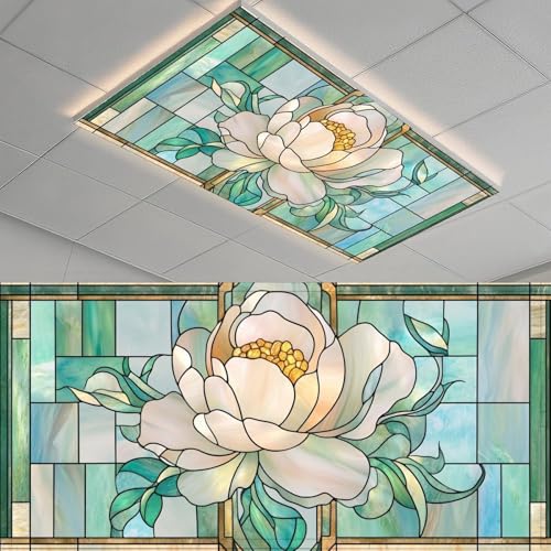 2 Pack Magnolia Stained Glass Fluorescent Light Cover for Ceiling Light - Magnetic Light Covers for Classroom, Light Filters Drop Fluorescent Light Shade Panel for Office Home School,4 X 2 Ft