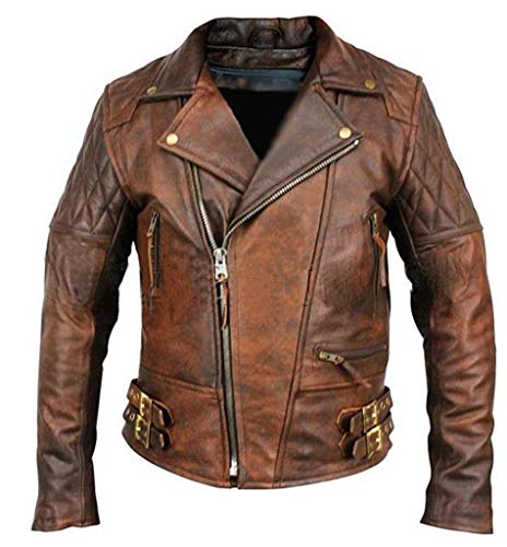 Leather Hub Men's Lambskin Vintage Distressed Brown Leather Biker Jacket L