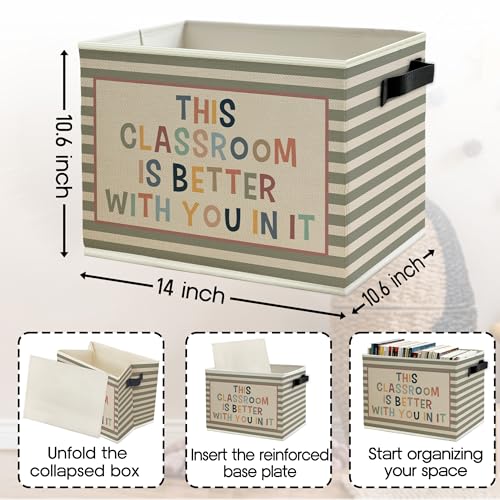 Image of Boho Classroom Storage Bins Box with Handles, This Classroom Is Better You in It Inspirational Striped Collapsible Basket Organizer for Kids Room Nursery Bedroom Books