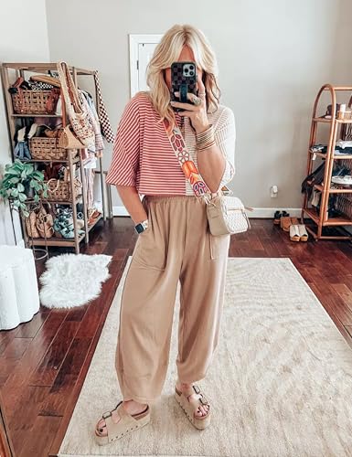 Image of Himosyber Women Cotton Pants Wide Leg Pants Casual Loose Baggy Elastic Waist Beach Palazzo Harem Pants