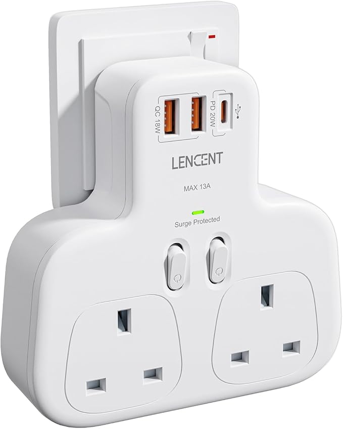 LENCENT Double Plug Adaptor With 3 USB Slots, Multi Plug Extension, 2 ...