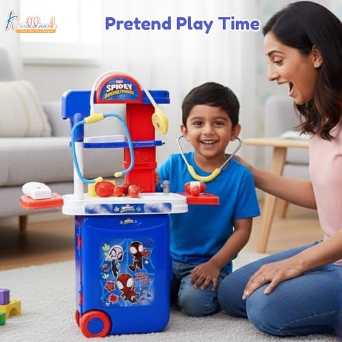 Image of Spiderman Theme Doctor Set for Kids - 9 Pcs Medical Equipment Trolley with Lights, Spidey-Inspired Role Play Toy, Heroic Doctor Kit for Boys & Girls 3+ Years, Portable Educational Playset
