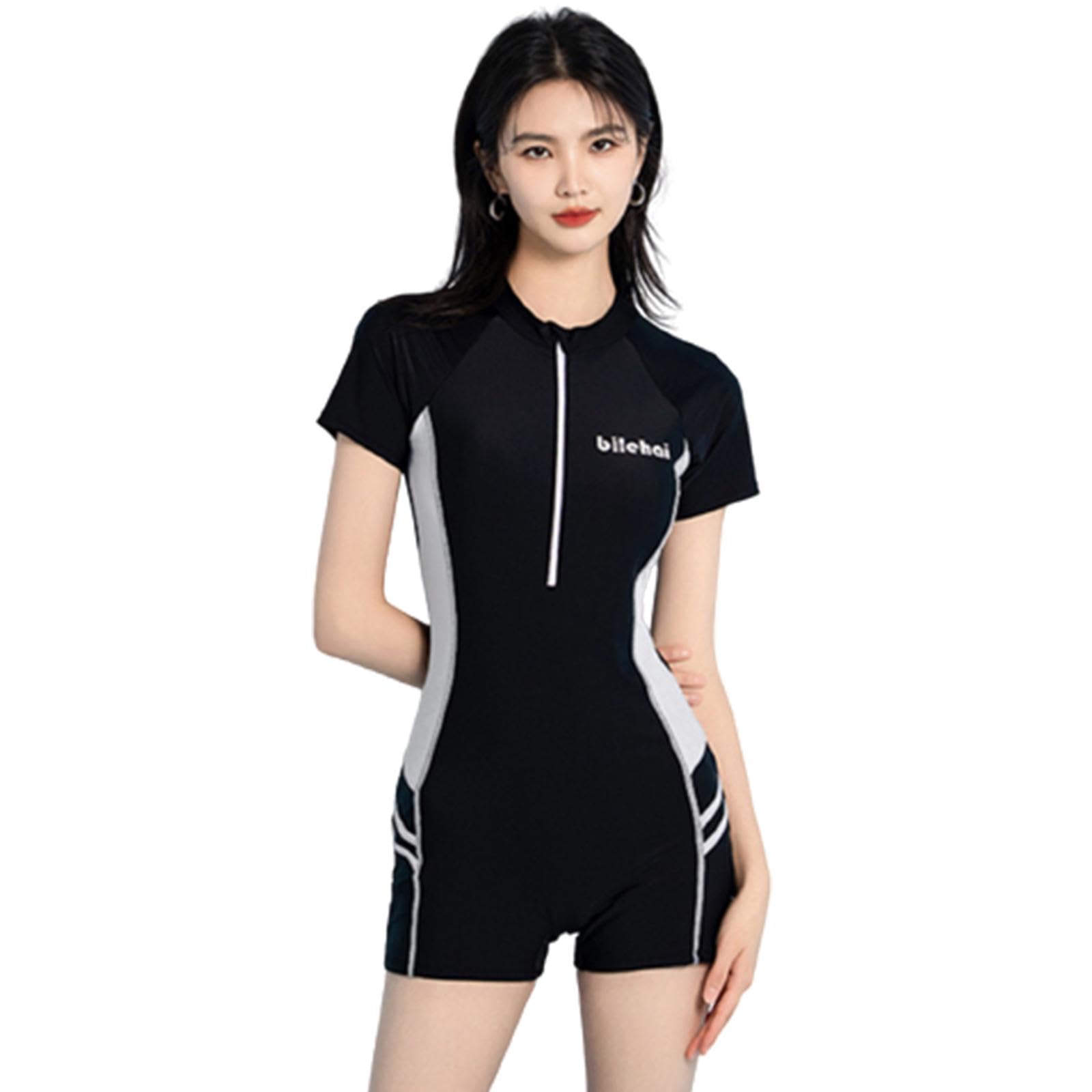 ™ Women Swimsuit Zip Front Snorkeling Suit Short Sleeve Swimming Suit Bodysuit S Black White | Swimwear | Womens Clothing-image-44