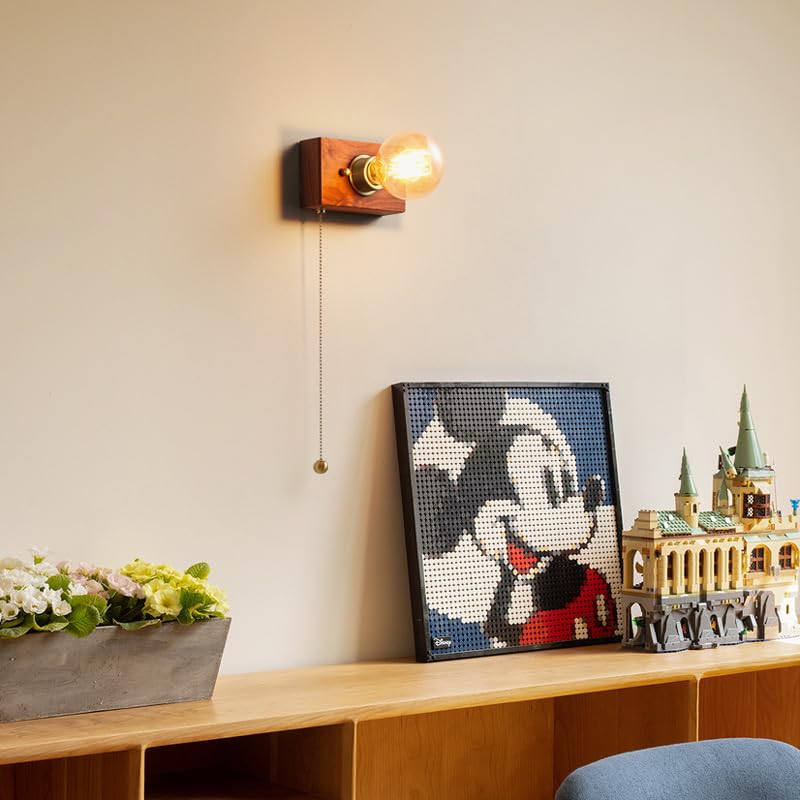 Holz Wandlampe Innen mit Zugschalter Wandleuchte E27 Lampe mit Schalter Vintage Industrial Bettlampe Nachtlicht für Schlafzimmer, Wohnzimmer, Treppen, Korridor, Restaurant(ohne Leuchtmittel)