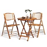 VINGLI Bamboo Folding Chair Table 3 Piece Bistro Set, Foldable Dining Wood...