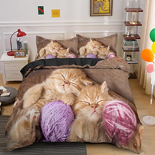 羽毛布団カバーセッ3dプリント寝具セッ,茶色の猫,大人布団カバー3点セッ,優しい肌触りマイクロファイバー柔らかい通気性,1掛け布団カバー190*210cmと2枕カバー43x63cm