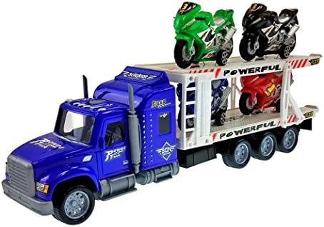 Funeez Friction Powered Transporter Truck with 4 Motorcycles Toy for Kids! (Colors May Vary)