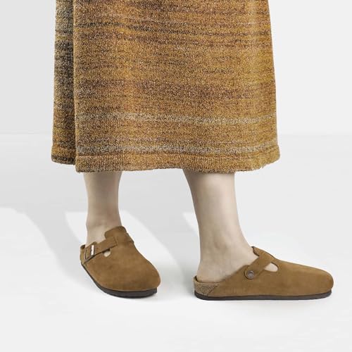 Image of SOFTYOHO Clogs for Women Men, Mules with Arch Support and Adjustable Buckle, Suede Leather Cork Footbed Potato Shoes