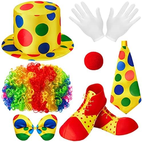Ensemble de costume de clown 7 pièces comprenant une perruque de clown arc-en-ciel, un chapeau