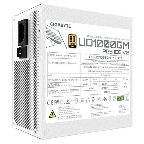 GIGABYTE UD1000GM PG5 V2 ICE Alimentatore – PCIe Gen 5.1, 80 PLUS Gold, Design completamente modulare, Ventola da 120 mm, Compatibile con ATX 3.1, Spina EU - Alimentatore - Immagine 5