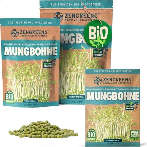 ZenGreens - Bio Mungobohnen Sprossen Samen - Wähle zwischen 10g 200g und 500g - Microgreens - Keimrate von über 97% - Mungbohnen Bio Saatgut zum Sprossen ziehen - wiederverschließbare Verpackung