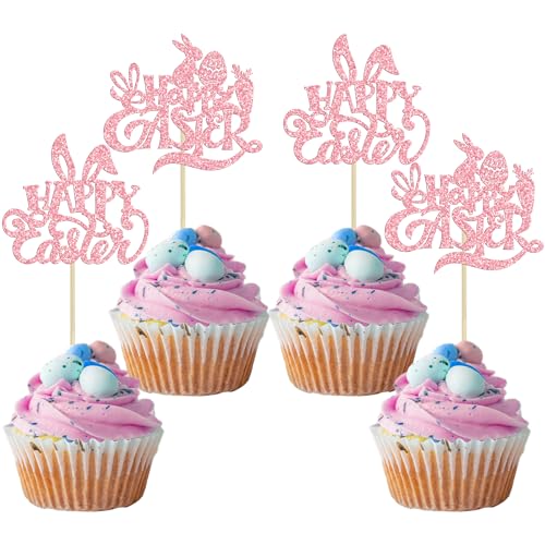 Gyufise 24 Pack Happy Easter Cupcake Toppers Glitter Rabbit Bunny Cupcake Pick Decorations for Happy Easter Spring Themed Baby Shower Kids Birthday Cake Decoration Party Supplies Pink