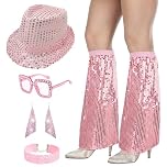 Carreuty 5Pcs 70s Accessories Set for Women, Pink Abba Fancy Dress Costume Accessories with Sequin Hat Leg Warmers Bling Sunglasses Earrings Necklace abba outfits for women Retro 70 Theme Party Dance