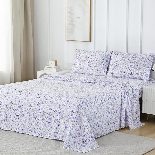 Image of Viviland Floral King Sheet Set - 4 Piece Vintage Lavender Flower and Leaves Patterned Bed Sheets - Soft, Breathable Microfiber Sheets with Deep Pocket, Non-Slip Fitted Sheets & Pillowcases