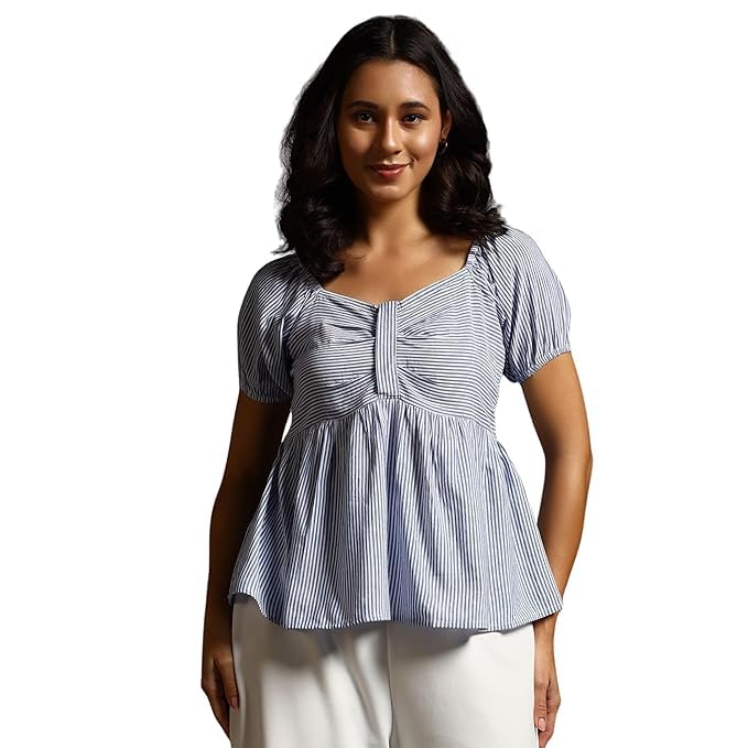 Women Puff Sleeve Striped Peplum Top | Smocking Waist Detail | Cotton Blend Stylish Western Blouse-image-13
