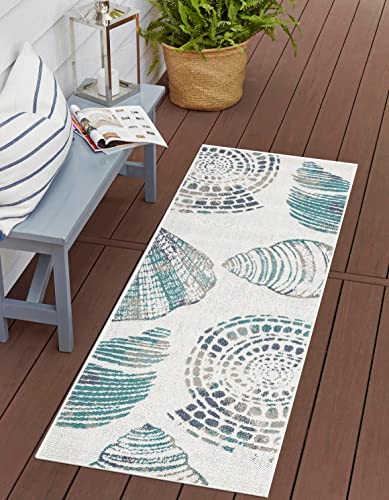 Unique Loom Outdoor Coastal Collection Area Rug - Bodrum (2' x 6' Runner, Ivory/ Navy Blue)