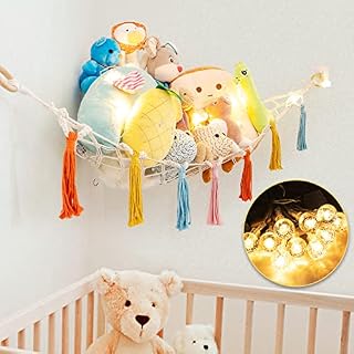Toy Hammock Storage Net for Stuffed Animals with Lights, Rainbow Macrame boho Teddy Hammock, Wall Corner Storage for Kids Room Decor, Hanging Toy Organizer