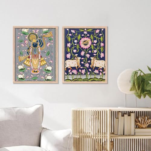 Image of kotart Traditional Indian Wall Art Painting Set of 2 | Kamdhenu Cow Design | MDF Wooden Framed Spiritual Wall Decor for Living Room, Pooja Room & Home (Art 7, 13x17 inch)