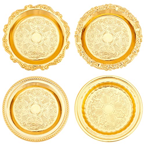 Fingerinspire 4Pcs 4 Style Iron Plate Candle Holder (Golden, 4 Inch) Flat Round Candlestick Base Retro Embossed Metal Candle Stand For Led & Wax Candles Incense Cones Spa Wedding Party Banquet #TOP26