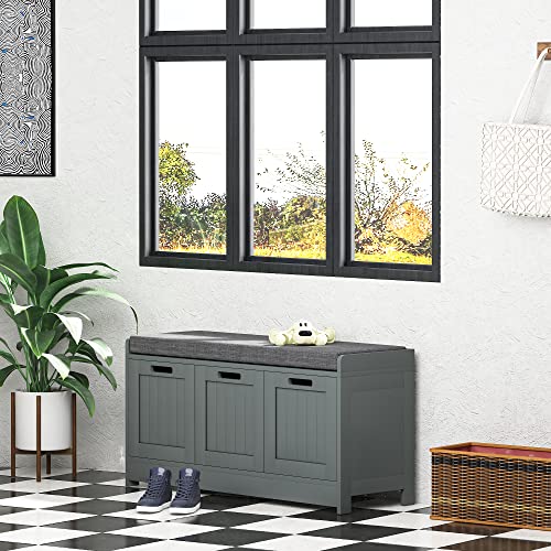 JEROAL Storage Bench, Shoe Bench with Storage, Modern Entryway Bench with 3 Cabinets, Storage Shoe Bench with Padded Cushion, Bedroom Bench Seat, Grey