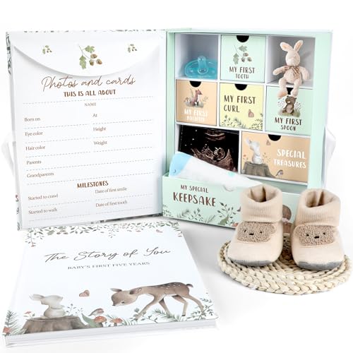 Image of Baby Keepsake Box Baby Memory Book Woodland Animal Memory Organizer Box with 9 Labeled Compartments Gifts for Boy Girl First 5 Year Scrapbook Journal Photo Album Baby Shower for Mom Gifts