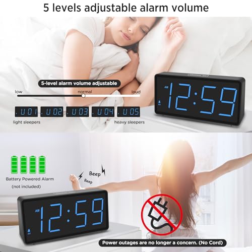 Image of Peakeep Battery Operated Digital Alarm Clock for Bedrooms Big Numbers | Cordless Large Display Auto /Manual Dimmer, Volume Adjustable, Dual Power Supply