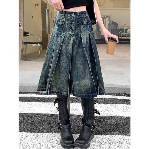 American Distressed Denim Skirt, Washed Pleated Skirt, high Street Loose fit, Oversized A-line mid Length Skirt2