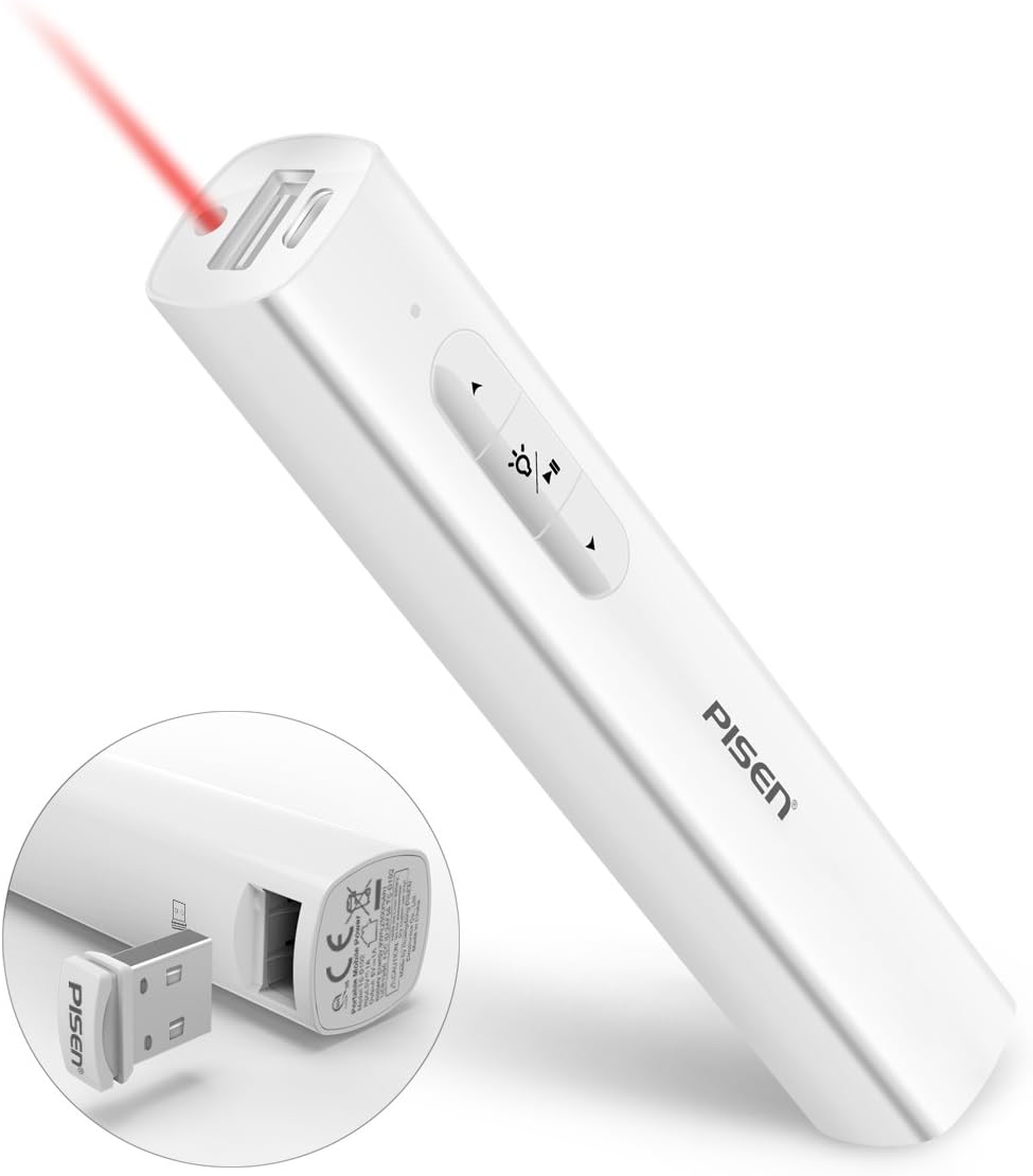 PISEN Presentation Clicker, 2-in-1 Wireless USB PowerPoint Clicker and 2500mAh Mini Power Bank 2.4GHz Rechargeable PowerPoint Presentation Remote Control for Teaching, Office (White)