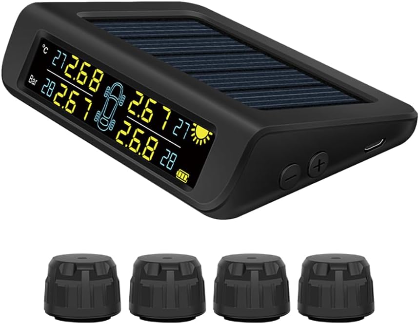 Universal Wireless TPMS Tire Pressure Monitor System Solar/USB Powered 4pcs Internal/External Sensors Real Time Monitoring Pressure Temperature LCD Display (with 4pcs Internal sensors, T812K)