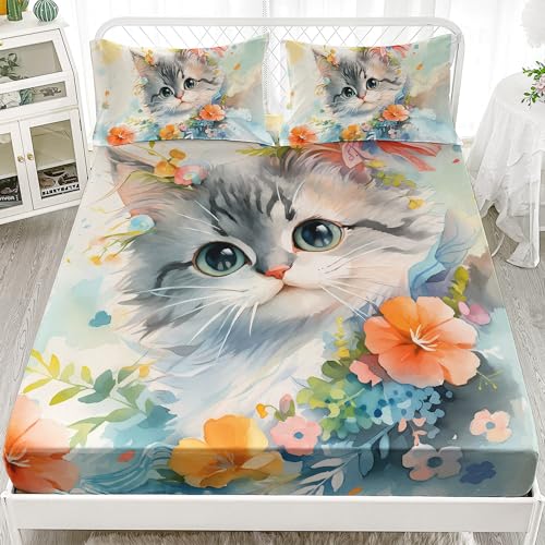 AILONEN Beautiful Cat Fitted Sheet,Cartoon Cat Animal Themed Design Bedding Set for Kids Girls Boys Queen Size, Little Kitten with Flowers Bedsheets Set Decor,1 Fitted Sheet 2 Pillowcases,3 PCS