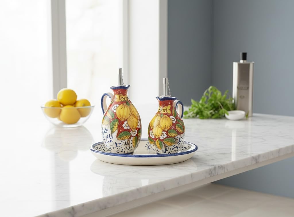 CERAMICHE D'ARTE PARRINI - Italian Ceramic Art Pottery Oil Cruet Vinegar Decorated Lemons Hand Painted Made in Italy Tuscan