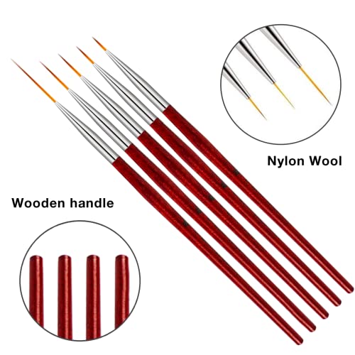 5 Pack Nail Art Eyeliner, Nail Eyeliner Brush, Nail Gel Polish Brush Set, Thin Nail Art Brush For Long Lines, Short Strokes, Detail (6/9/12/18/24Mm) #TOP1