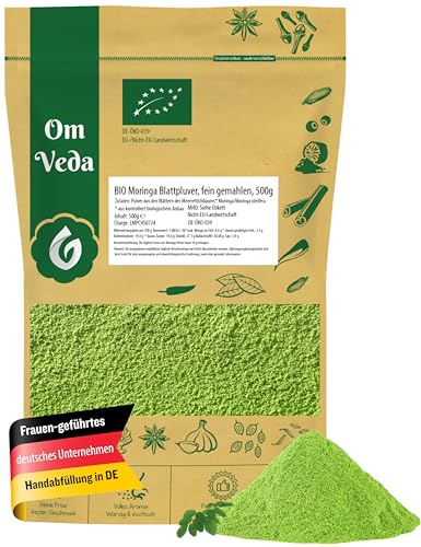 BIO Moringa Pulver 500g | Blattpulver Moringapulver | fein gemahlene Moringa Oleifera | Organic Bio-zertifiziert DE-ÖKO-039 | Moringa Powder | Für Smoothies und Tee | OmVeda