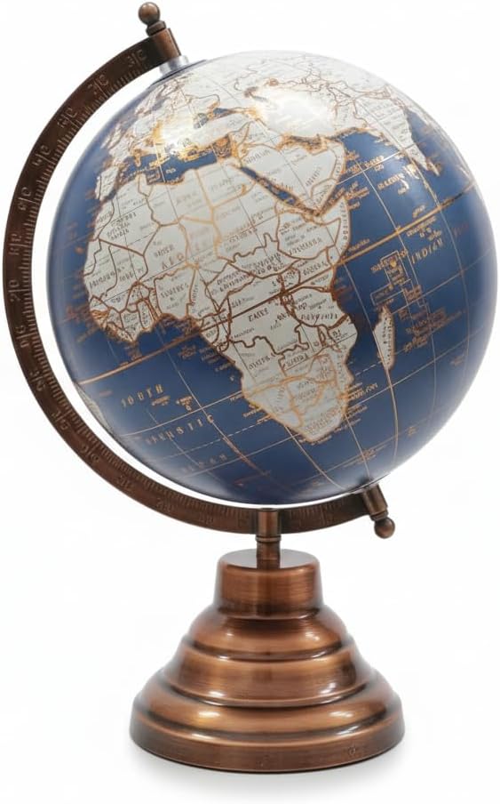 Vintage Blue World Globe with Antique Bronze Metal Stand, 8 Inches, Decorative Desk Globe for Home & Office, Educational Table Decor