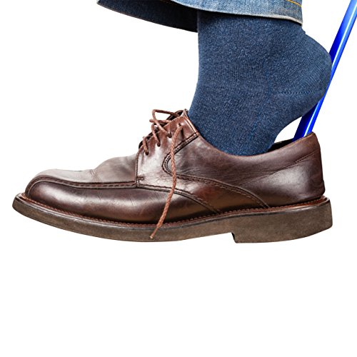 Rehabilitation Advantage 2 Pack Long Blue Plastic Shoehorn Lightweight Shoe Helper Curved Handle Hanging Loop Hooked End (17 Inches)