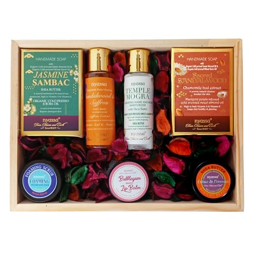 Image of NYASSA Premium Bath and Body Treats Wooden Gift Set for Women & Men | Luxury Bath And Body Care Set To Pamper Your Loved Ones | Raksha bandhan special gift set | Pack of 7