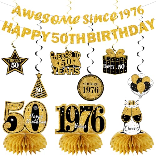 Image of Kuxriox 11Pcs 50th Birthday Decorations Kit for Men Women, Black Gold Happy 50th Birthday Banner, Awesome Since 1976 Centerpieces Swirls Party Supplies, Fifty Bday Banner Ceiling Table Topper Sign