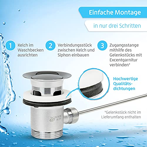 SANTRAS® Exzenter Ablaufgarnitur PREMIUM für Waschtisch mit Schutz vor Überlauf in Chrom – Komplette Überlaufgarnitur mit Ablauf Stöpsel in 1 ¼ für Armatur mit Zugstangengarnitur - Image 7