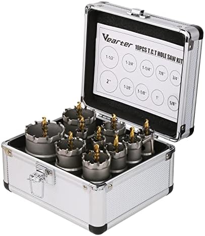 Vearter TCT Hole Saw Kit for Hard Metal, 5/8''-2'', 10Pcs Carbide Bits with Pilot Drill,for Stainless Steel, Iron, Aluminium, Alloys, Plastics, Etc.