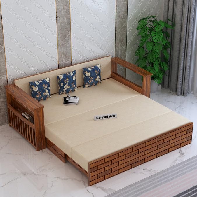 Ganpati Arts Italian Solid Sheesham Wood 3 Seater Sofa Cum Bed with Side Pockets for Storage and Fabric at Back Wooden Sofa Furniture for Living Room Home (Natural Finish), Beige