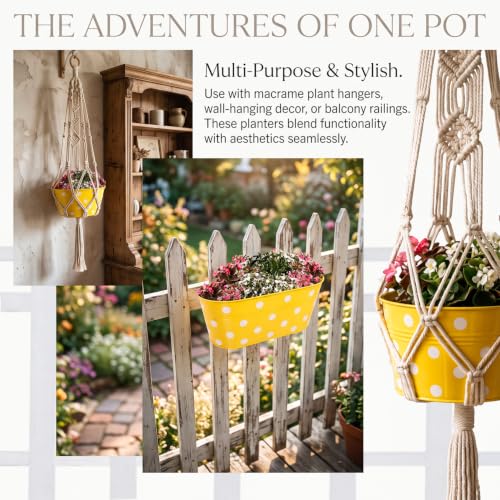 Image of TrustBasket Dotted Oval Railing Planters Basket - Yellow (Set of 5) | Heavy-Duty UV Stabilized Metal Flower Pots for Railings, Fence & Balcony, Indoor Outdoor Herb, Flower & Decorative Plants